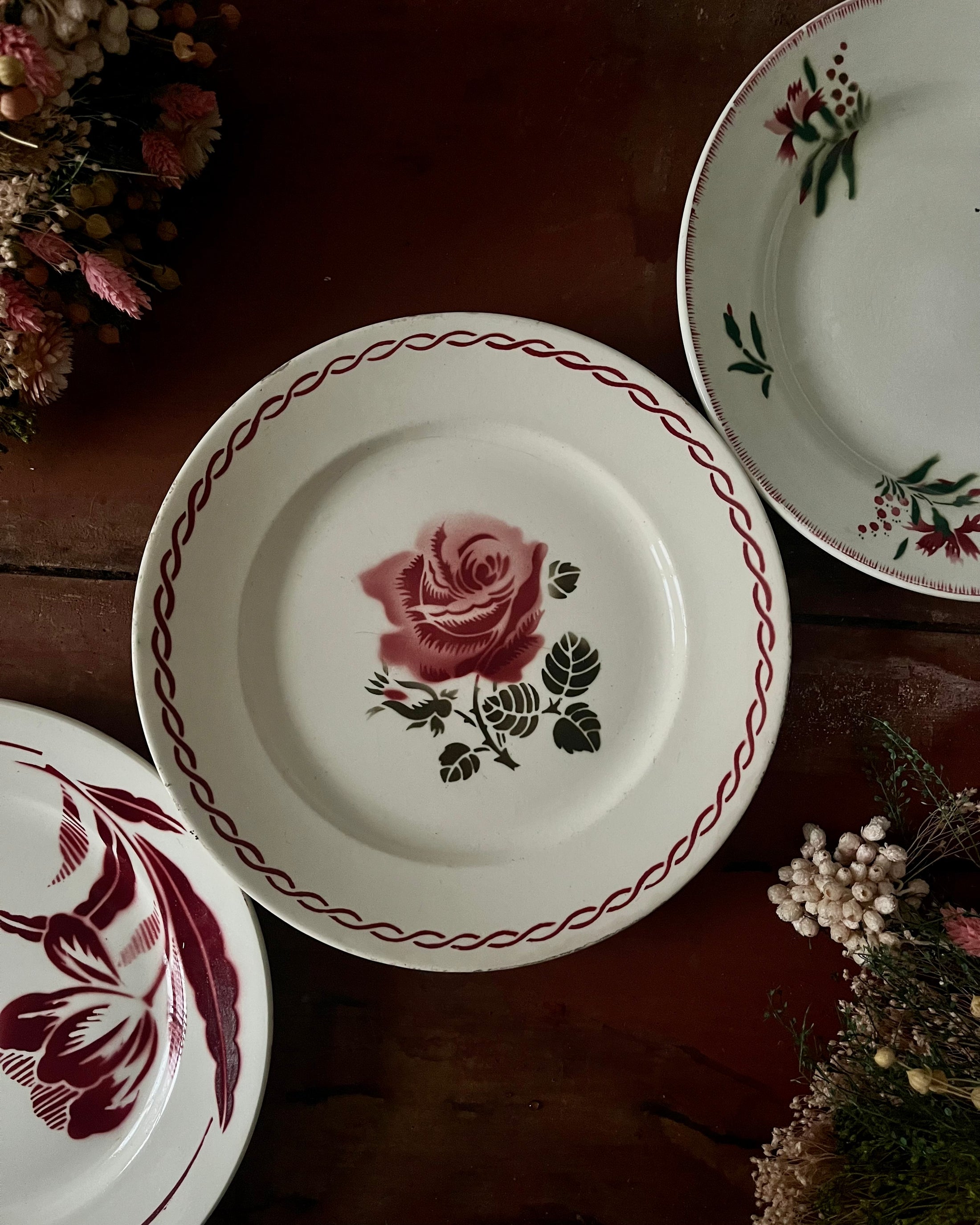 Série de 9 assiettes plates terre de fer dépareillées