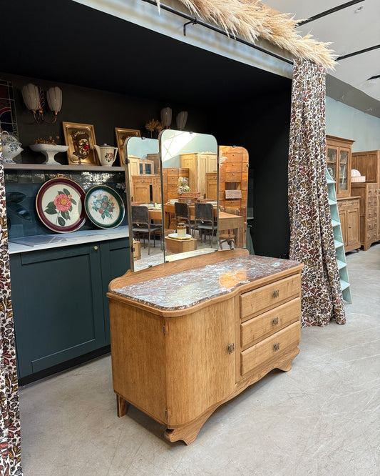 Commode coiffeuse Art Déco en chêne et marbre