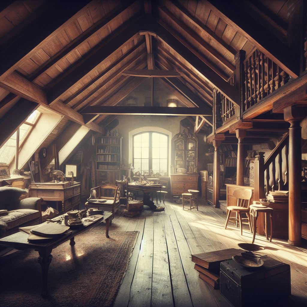 Image d’un grenier chaleureux avec du mobilier ancien